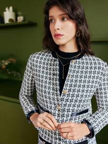 SHEIN Frenchy Abrigo corto elegante con botones delanteros para mujer, adecuado para ir al trabajo, otoño/invierno - Blanco y Negro - Ver 5