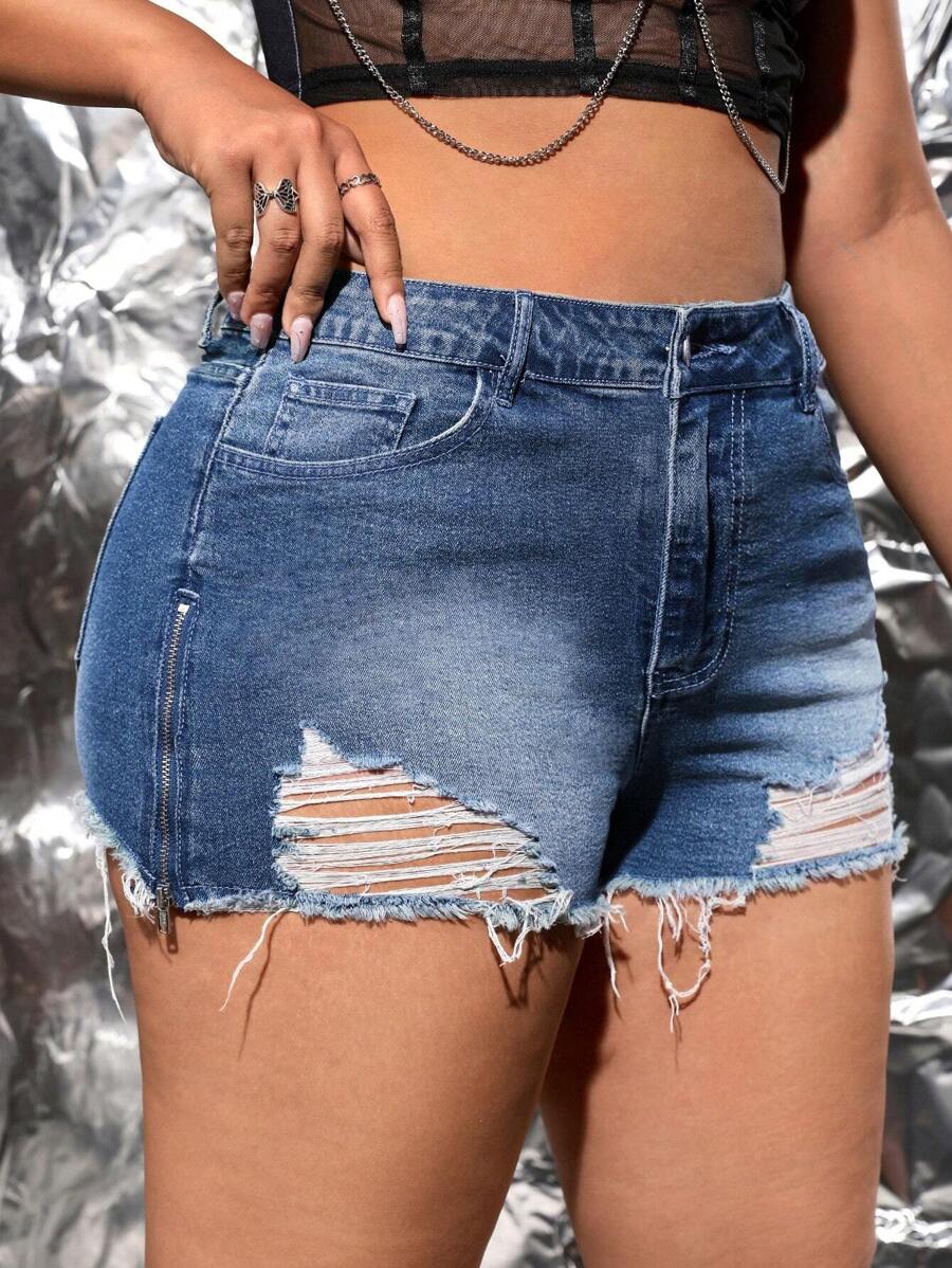 SHEIN ICON Plus Ripped Raw Hem Denim Shorts - Dark Wash - View 1