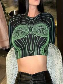 圖案印花短款T恤 - 綠色 - 查看 5