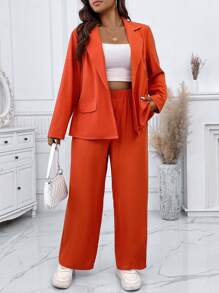 SHEIN Unity Talla grande Pantalones con blazer de cuello con solapa con botón - Naranja - Ver 7