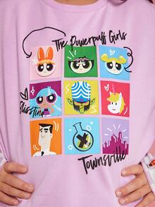 THE POWERPUFF GIRLS X SHEIN Cô gái Tween Đồ họa Hoạt hình Thả vai Áo chui đầu Không có khăn - Màu Lilac Tím - Xem 7