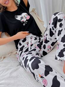 Conjunto de pijama con estampado de vaca y letra - Multicolor - Ver 5