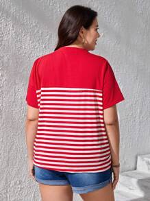 SHEIN LUNE 夏季加大条纹印花 T 恤 - 紅白色 - 查看 2