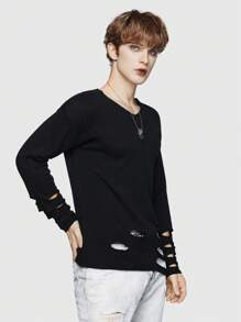 ROMWE MEN Goth Các bạn Chất rắn Rách Thả vai Áo len - màu đen - Xem 5