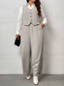Celure Plus Button Front Vest Blazer & Wide Leg Pants Without Shirt - Khaki - View 4