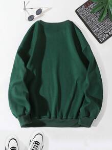 Men Letter Graphic Thermal Lined Sweatshirt - Dark Green - View 2