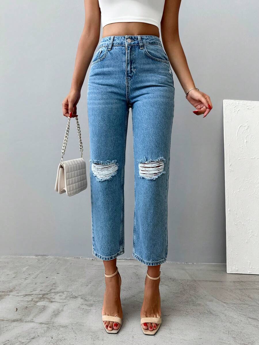 EURMUSE Jeans de pierna recta de talle alto desgarro - Lavado ligero - Ver 1