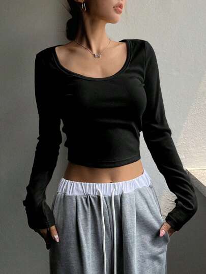 DAZY スクープネック クロップド Tシャツ、秋服 プレッピー トップス 長袖 レディース トップス