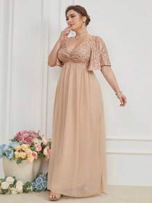 加大撞色亮片蝴蝶袖雪纺伴娘服优雅连衣裙