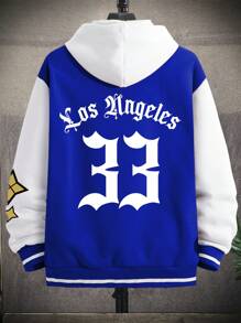 Manfinity EMRG Men's Loose Fit Drop Shoulder Varsity Jacket Without Hoodie, Featuring Letter Graphic And Striped Trim - Blue and White - View 4