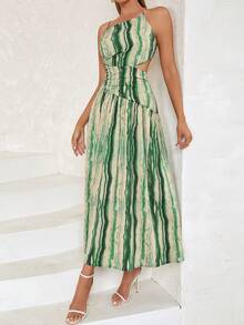 All-Over Print One-Shoulder Cutout Waistband Open-Back Strappy Dress - Dark Green - View 5