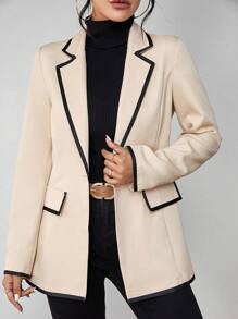 SHEIN LUNE Flap Detail Contrast Binding Single Button Blazer - Apricot - View 3