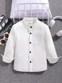 SHEIN 男小童休閒風格大學舒服素色紐扣小立領襯衫帶翻蓋口袋,適用於秋天和冬天 - 白色 - 查看 1