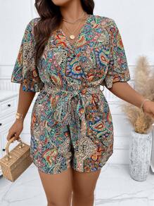 SHEIN Unity Plus Paisley Print Butterfly Sleeve Belted Romper