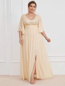 Hơn Tương phản Sequin Tách đùi Chiffon Váy phù dâu - Màu be - Xem 5