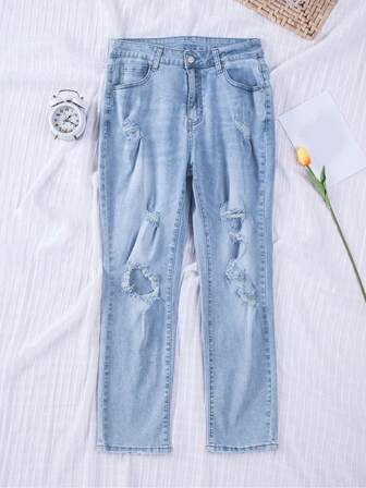 破洞直筒牛仔褲