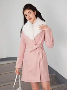 Teen Girl Fuzzy Collar Belted Overcoat - Dusty Pink - View 1