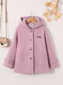 SHEIN Tween Girl Letter Patched Detail Dual Pocket Hooded Overcoat,In Fall/Winter
