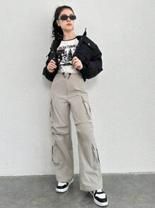 Teen Girl Flap Pocket Side Drawstring Waist Cargo Pants - Khaki - View 5