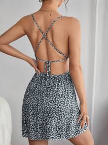 SHEIN PETITE In hoa Ditsy Thánh giá Không lưng Váy Dây - Màu xanh hải quân - Xem 2
