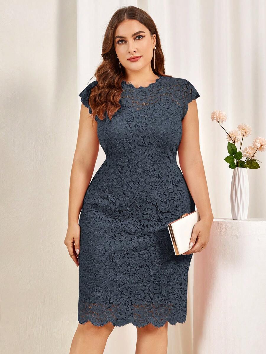 MIUSOL Plus Floral Full Lace Scallop Trim Cocktail Party Fitted Dress - Dark Grey - View 1