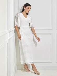 Modelyn Fringe Trim Butterfly Sleeve Lace Dress - White - View 6