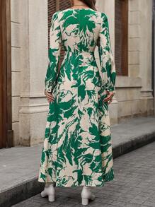 Chiquease Allover Print Lantern Sleeve Dress - Apricot - View 3