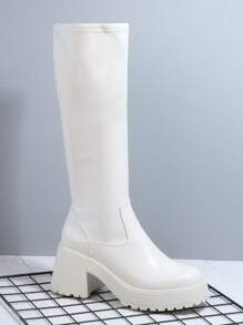 Faux Leather Lug Sole Block Heel Boots - Beige - View 3