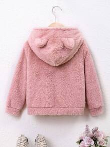 SHEIN 女小童針織素色長毛絨連帽絨毛熊胸章寬鬆休閒夾克 - 藕粉色 - 查看 2