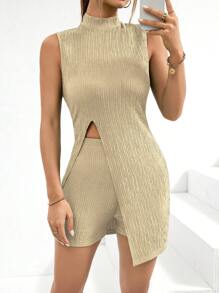 SHEIN Essnce Mock Neck Asymmetrical Hem Tank Top & Shorts - Apricot - View 4