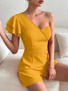 SHEIN Privé 單肩蝴蝶袖連身短褲 - 黃色 - 查看 6