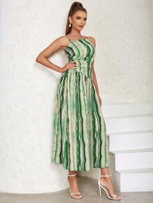 All-Over Print One-Shoulder Cutout Waistband Open-Back Strappy Dress - Dark Green - View 6