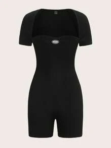 SHEIN EZwear Letter Patched Detail Unitard Romper - Black - View 1