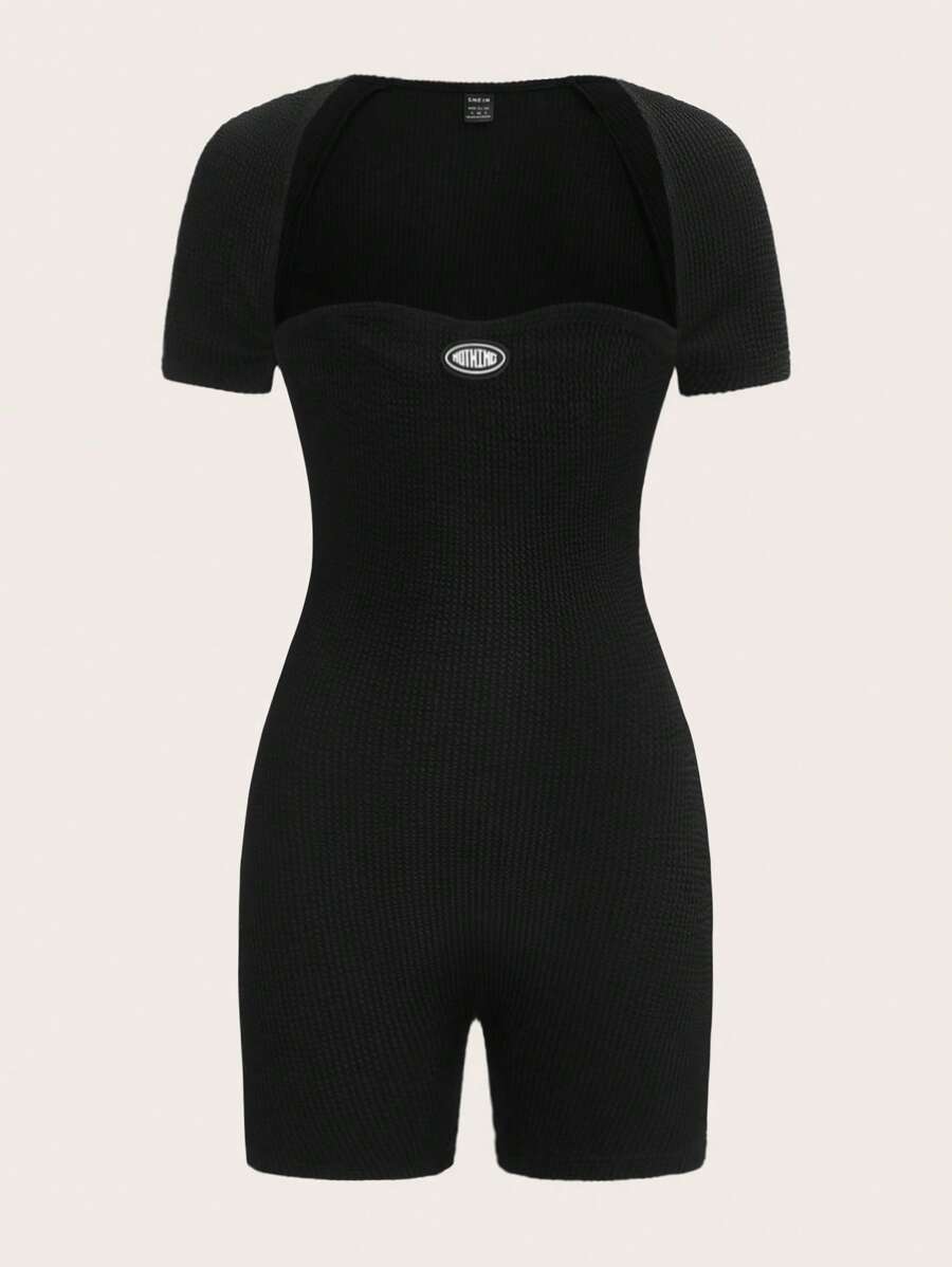 SHEIN EZwear Letter Patched Detail Unitard Romper - Black - View 1