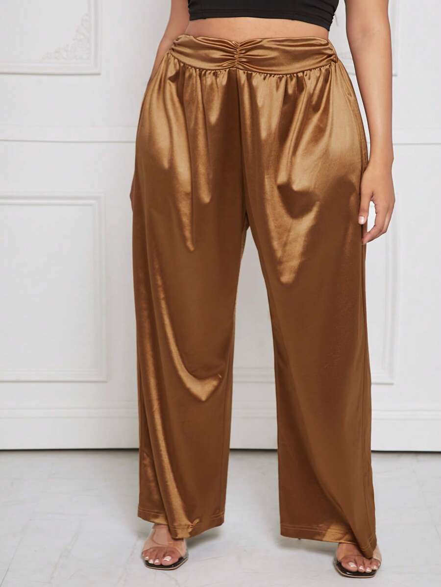 SHEIN SXY Plus Solid Wide Leg Pants - Ginger - View 1