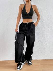 SHEIN EZwear Black Solid Backless Crop Halter Top