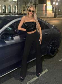 SHEIN ICON Sequin Decor Crop Tube Top - Black - View 4