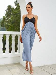 Robe À Fines Brides À Blocs De Couleurs À Ruché - Bleu azur - Voir 3