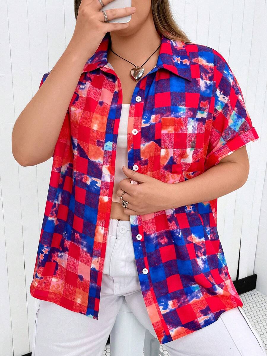 Flirla Plus Plaid Print Drop Shoulder Shirt