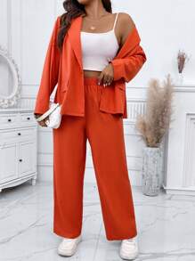 SHEIN Unity Talla grande Pantalones con blazer de cuello con solapa con botón - Naranja - Ver 5