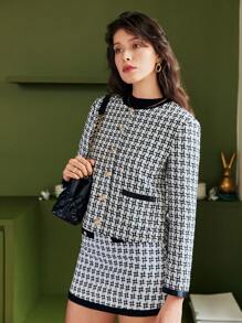 SHEIN Frenchy Abrigo corto elegante con botones delanteros para mujer, adecuado para ir al trabajo, otoño/invierno - Blanco y Negro - Ver 4
