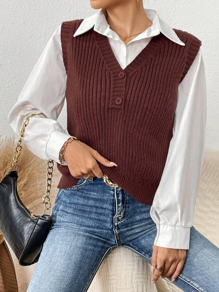SHEIN Essnce Chất rắn Nút phía trước Áo len vest Không có áo lót - Cà phê nâu - Xem 1