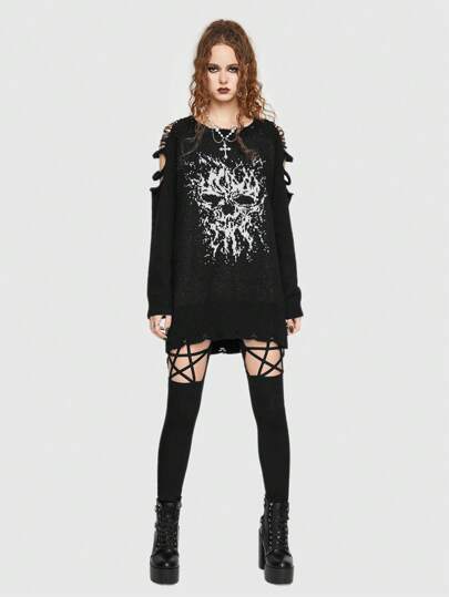 Goth Skull Pattern Cut Out Sweater