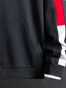 Men Contrast Side Seam Letter Patched Kangaroo Pocket Drawstring Hoodie Without Shirt - Black - View 4