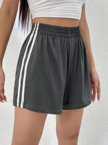 SHEIN EZwear Sọc Eo đàn hồi Quần short - Xám - Xem 1