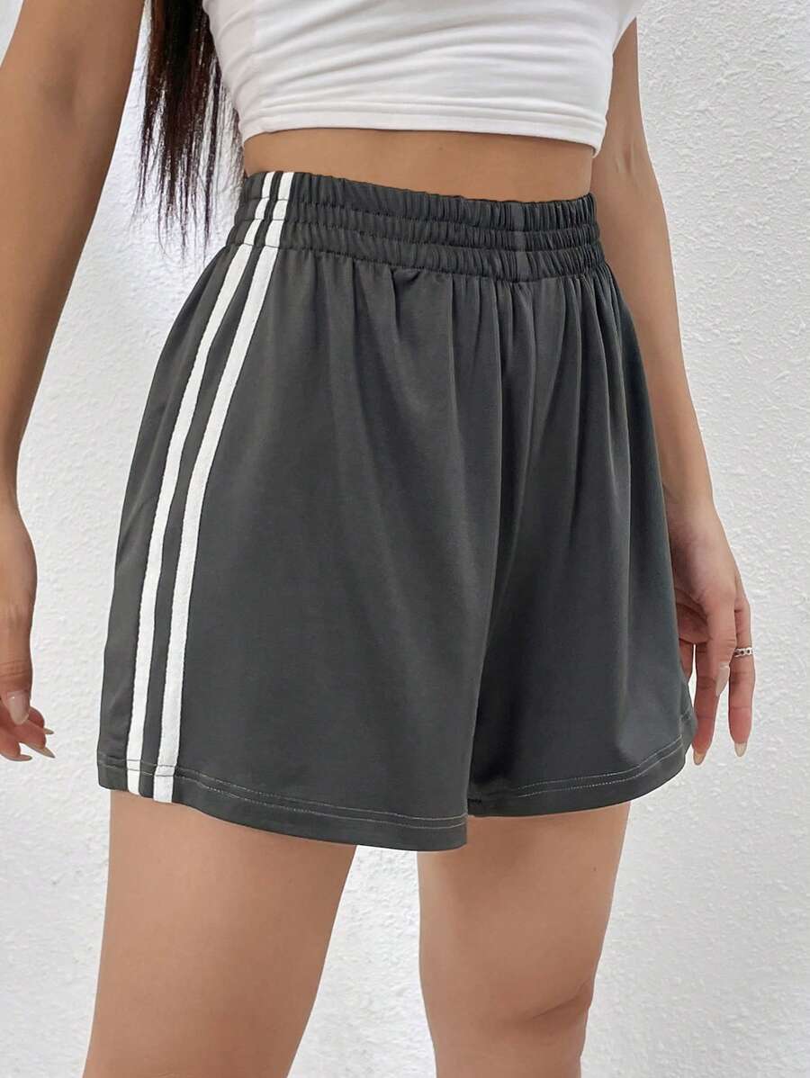 SHEIN EZwear Sọc Eo đàn hồi Quần short - Xám - Xem 1