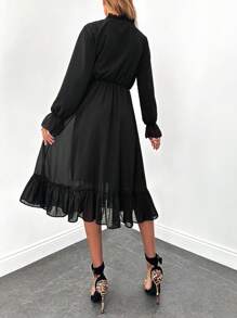 EURMUSE Casual Solid Color Long Sleeve Waist Cinched Women Long Dresses - Black - View 2