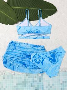 SHEIN Sparklyn Bộ bikini quấn toàn thân dành cho nữ tuổi teen với váy đi biển Bãi biển mùa hè - Màu xanh lam - Xem 2