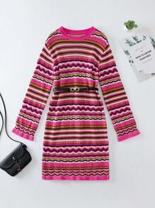 Teen Girl Wave Stripe Pattern Sweater Dress Without Belt - Multicolor - View 1