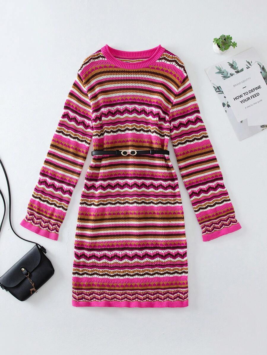 Teen Girl Wave Stripe Pattern Sweater Dress Without Belt - Multicolor - View 1
